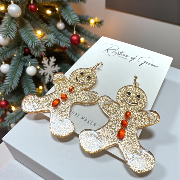 Gingerbread Man Christmas Dangle Earrings – Sparkly Holiday Jewelry, NWT - Picture 4 of 7